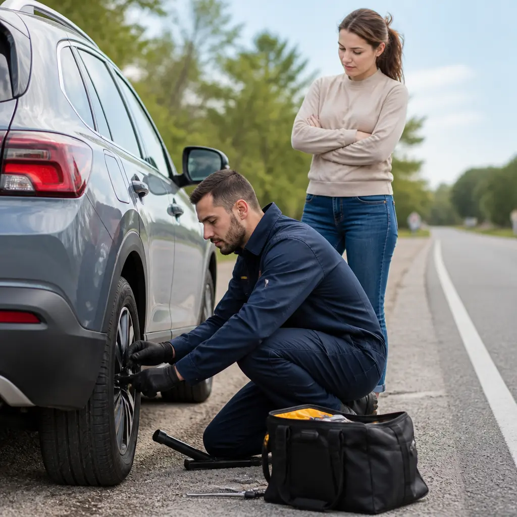 Technician assisting a driver with roadside help