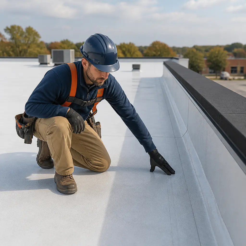 Commercial roofer inspecting a business roof