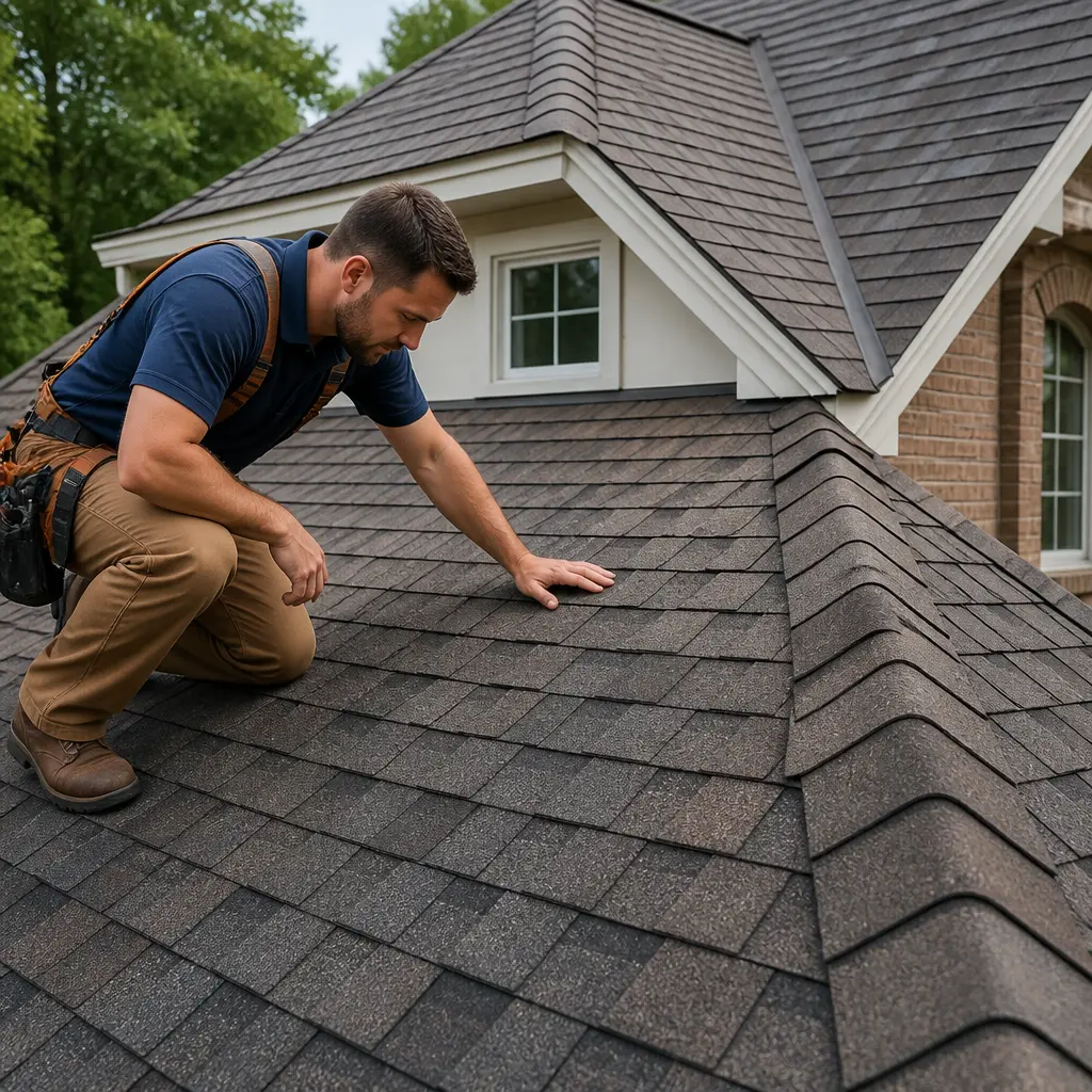 Roofer inspecting asphalt shingles on a house