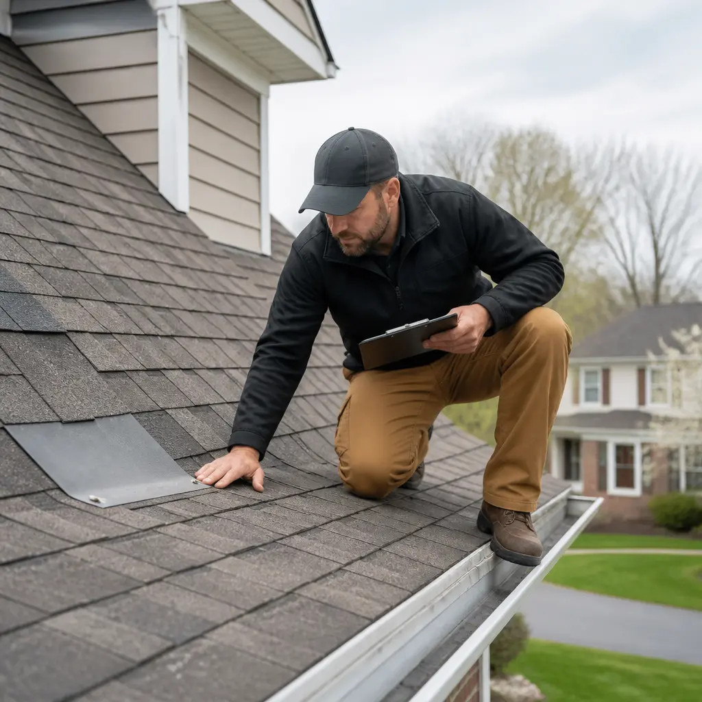 Roofer inspecting a residential roof in St. Louis, MO