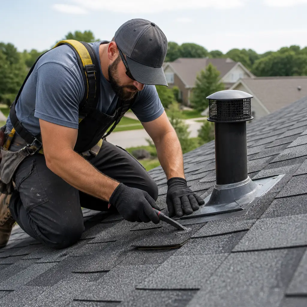 Roof repair work on a residential roof in Ballwin, MO
