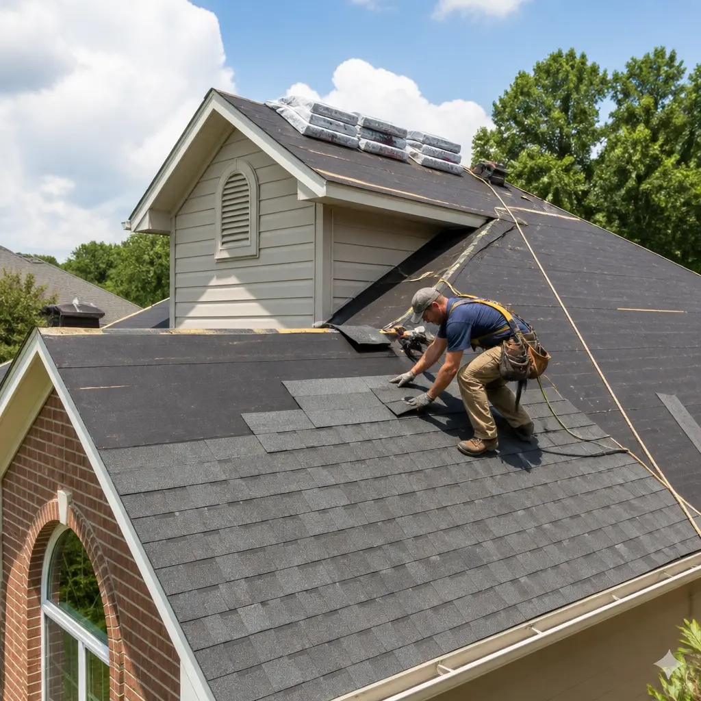 Roof replacement work on a home in Ballwin, MO